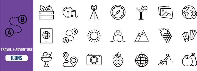Travel adventure outline vector icons. passport icon set, camera icon set, location icon set © Dream Forge Studio 