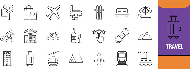 Travel and tourism outline icons. airplane icon set, suitcase icon set, hotel icon set © Dream Forge Studio 