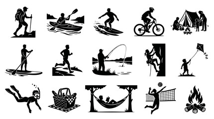 Obraz premium Outdoor Activities and Sports Silhouette Icon Set. Black and White Glyphs for Recreation and Adventure