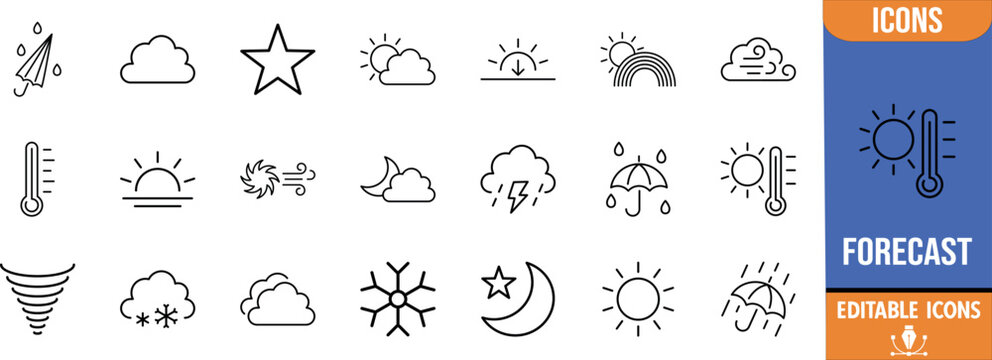 Weather forecast vector icons. sun icon set, cloud icon set, thermometer icon set