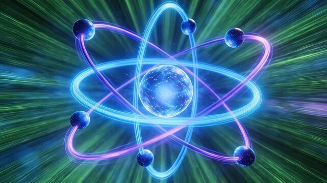 Artistic atomic model with glowing nucleus and electrons orbiting along colorful light tracks