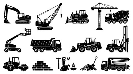 Obraz premium Construction Industry Heavy Equipment, Machinery, and Tools Vector Glyph Icons Set