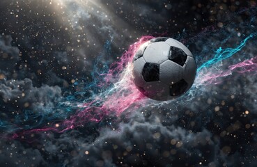Naklejka premium Dynamic Soccer Ball Flying Through Cosmic Space with Pink and Blue Energy Trails and Glowing Particles Digital Art