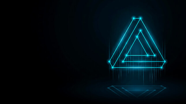 A striking  image  of a glowing Penrose triangle with neon cyan lines, creating an impossible 3D optical illusion.