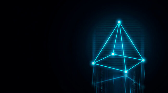 A sleek,  image  of a glowing triangular pyramid with bright nodes and light beams, set against a dark background for a high-tech aesthetic.