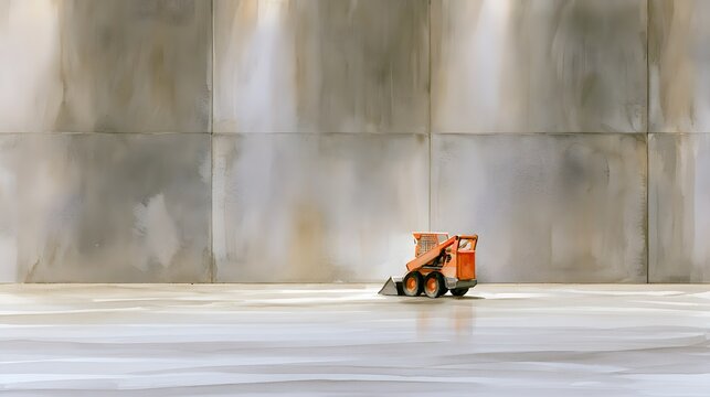 Modern industrial design featuring a skid-steer loader in a serene warehouse setting evokes quiet efficiency