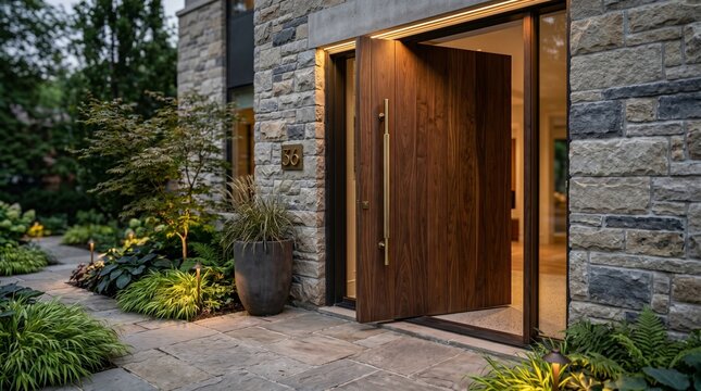 Modern home exterior with open wooden front door and stone wall garden pathway