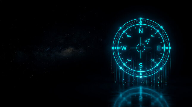 A sleek, glowing digital compass with illuminated cardinal directions set against a cosmic space backdrop, rendered in a modern  image style.