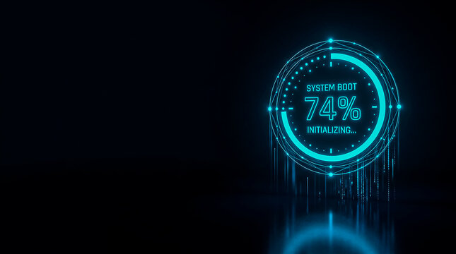 A sleek, futuristic  image graphic showing a system boot progress at 74% initialization with glowing digital elements.
