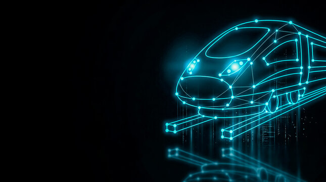 A sleek,  image graphic of a high-tech train with glowing blue digital lines, representing futuristic transportation design.