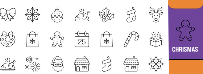 Christmas outline festive celebration icons. santa icon set, stocking icon set, reindeer icon set © Dream Forge Studio 