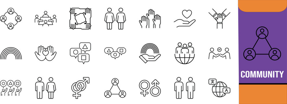 Community social diversity people icons. people icon set, hands icon set, rainbow icon set