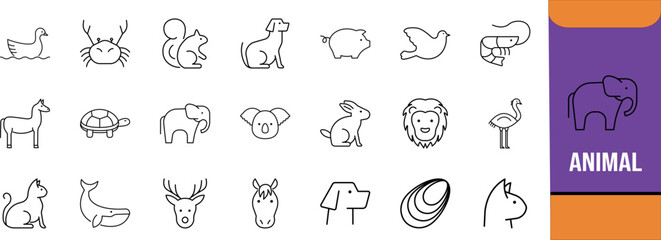 Fototapeta premium Cute animal line vector icons. dog icon set, cat icon set, elephant icon set