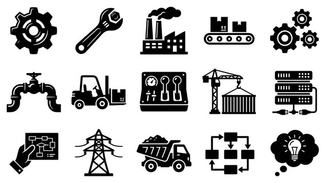 Industrial Technology Glyph Icons Set. Engineering, Manufacturing, Logistics, Energy Symbols