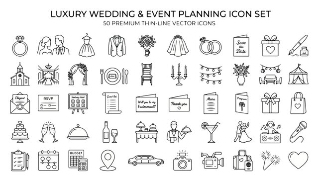 Luxury Wedding and Premium Event Planning Thin Line Vector Icon Set with Bridal Celebration Symbols