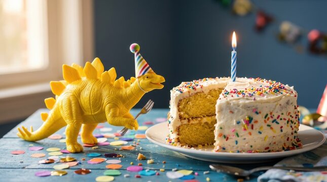 A yellow toy stegosaurus dinosaur wearing a colorful party hat holds a small fork next to a birthday cake with a single lit candle on a blue table with confetti