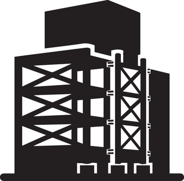 Black vector illustration of a building with scaffolding isolated on transparent background