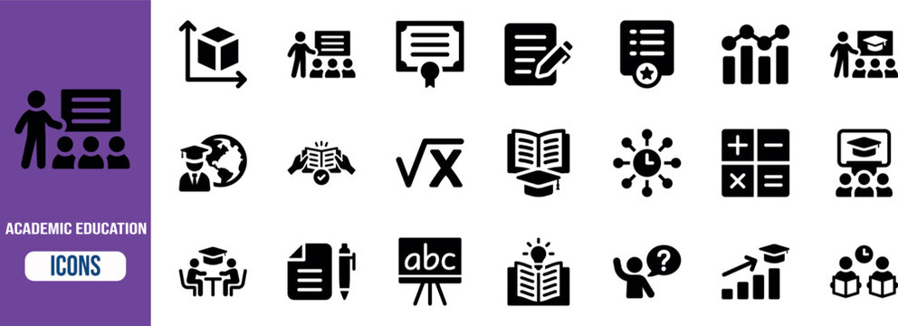 Academic education vector icons. book icon set, graduation cap icon set, diploma icon set