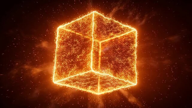 Golden glowing cube made of light points floating in dark background with particles