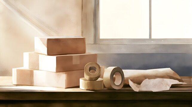 Vintage shipping supplies watercolor illustration evokes nostalgic craftsmanship on a wooden table