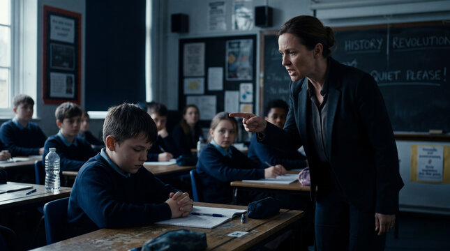 Stern Teacher Reprimanding Young Student in Modern Classroom While Classmates Watch