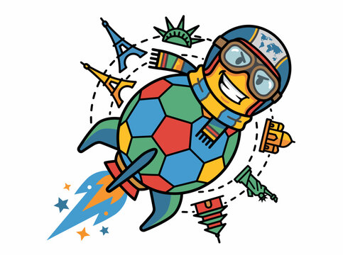 Cartoon Turtle Rocket Flying Around World Landmarks