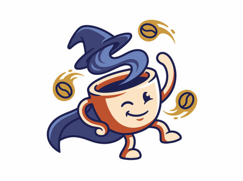 Mascot Coffee Cup Wizard Character with Magic Beans