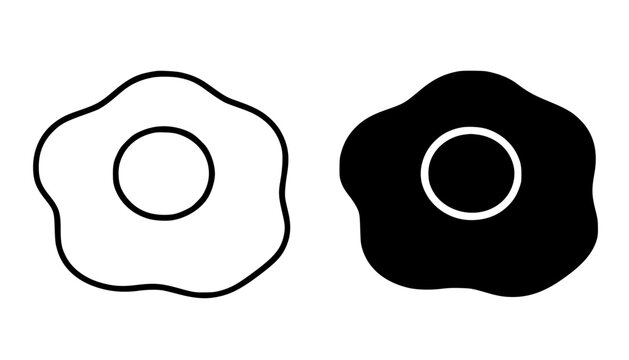 Fried egg / sunny side up minimalist icon, in outline and silhouette design for food theme