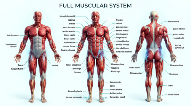 Detailed anatomical chart showing the full human muscular system with labeled muscles in front and back views for medical education