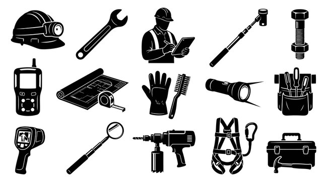 Construction worker safety gear and tools glyph icons set vector
