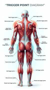 Detailed anatomical diagram displaying human muscle trigger points and fascia tension zones across the entire back view of the body