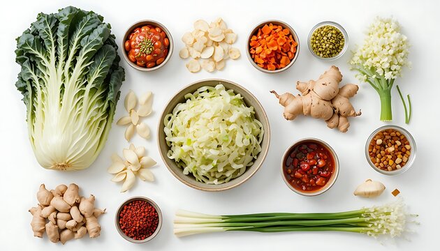 Fresh asian vegetables and raw ingredients for cooking healthy food arranged on a kitchen surface. kimchi making essentials