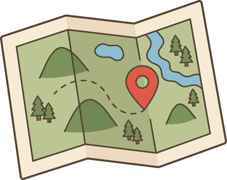 Cute Camping Map Clipart, Outdoor Adventure Navigation Illustration