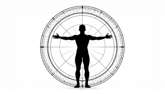 ウィトルウィウス的人体図のような調和と幾何学模様のシルエット