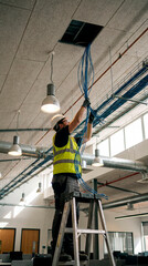 Fototapeta premium Technician in safety vest installing blue network cabling above ceiling in open office