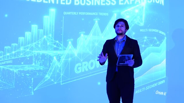 man development staff member stands in front of a conference room explaining how to use a data management system, business intelligence, data statistics, marketing analysis, and behind a slide .