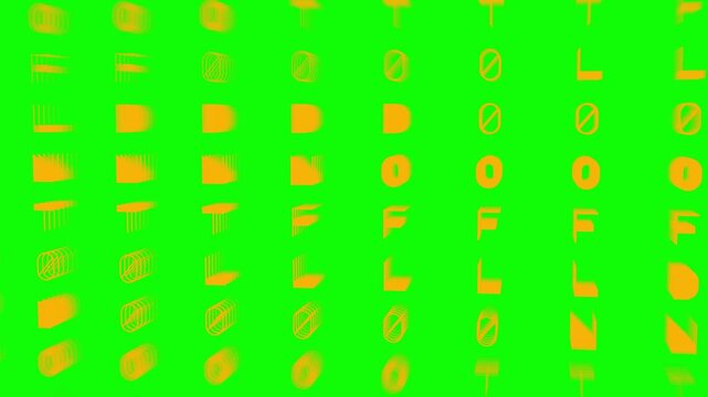 Abstract kinetic typography grid with yellow extruded letters shifts over a bright green screen background for custom overlay