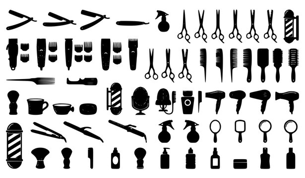 Hairdressing and Barber Tool Silhouettes Professional Barbershop Vector Set
