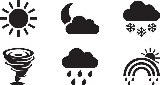 Set of black weather icons featuring sun moon clouds rain snow tornado and rainbow vector illustration