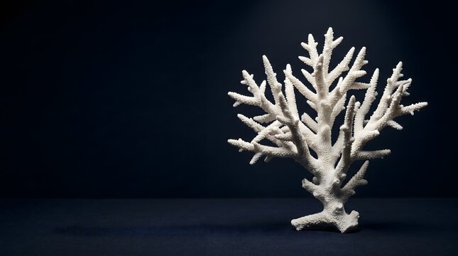 Single bleached stark white staghorn coral branch standing upright on dark navy-black surface, coral bleaching ocean warming climate change environmental concept art horizontal copy space