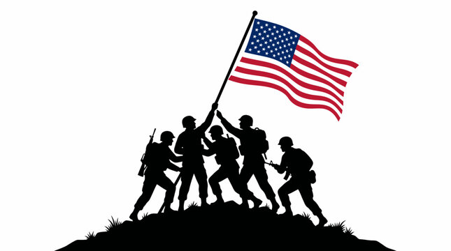 Silhouette of soldiers raising the american flag