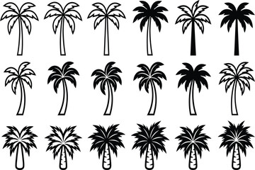 Naklejka premium Palm tree silhouettes and line illustrations on a white background
