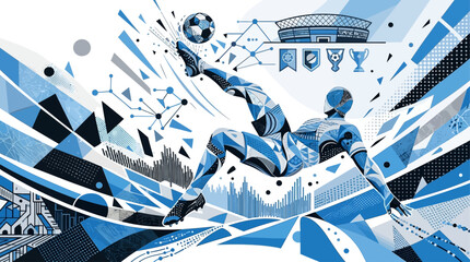 Obraz premium Dynamic abstract soccer player kicking ball in geometric stadium background
