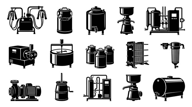 Dairy Milk Processing Equipment and Farming Machinery Icons Set. Black  White Glyph Vector.