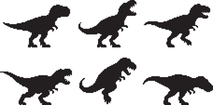 Set of pixel art dinosaur silhouettes featuring various poses of tyrannosaurus rex for game design and graphics