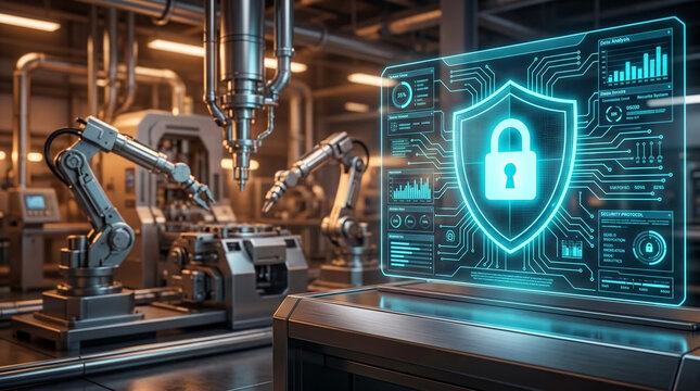 Holographic display with padlock icon and data analysis charts in a futuristic factory setting, symbolizing digital security and industrial automation