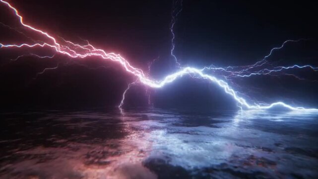 Macro video of lightning discharging over a reflective surface, creating intricate light reflections and micro particles, slow smooth tracking shot, and realistic energy movement
