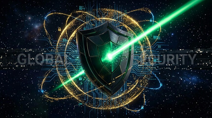 Fototapeta premium Digital shield with glowing green beam in starry cosmos, symbolizing global security and data protection, perfect for technology concepts