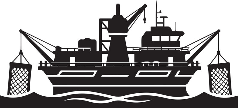 Black silhouette of a fishing trawler with nets isolated on white background