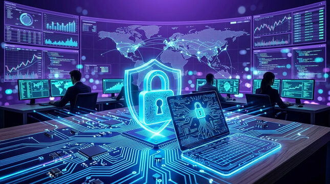 Futuristic digital security scene with glowing circuit board, world map, and people working on data analysis, symbolizing global cyber protection